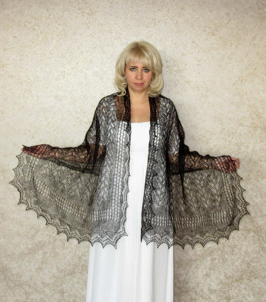Hand knit black downy scarf, Handmade Russian Orenburg shawl, Goat wool cover up, Lace pashmina, Kerchief, Stole, Tippet, Warm wrap, Mourning cape 2.JPG