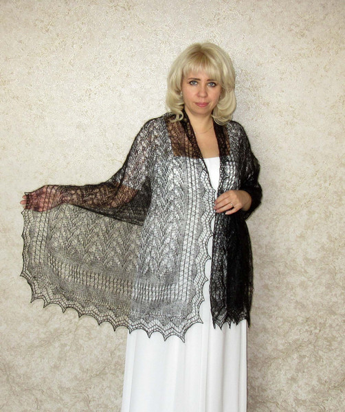 Hand knit black downy scarf, Handmade Russian Orenburg shawl, Goat wool cover up, Lace pashmina, Kerchief, Stole, Tippet, Warm wrap, Mourning cape 3.JPG