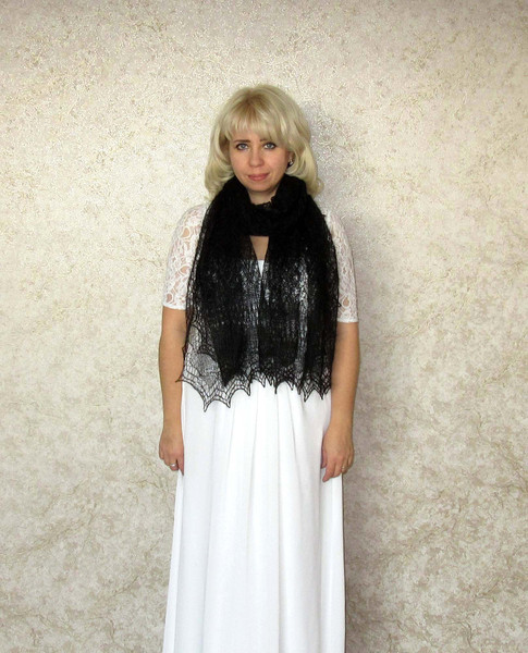 Hand knit black downy scarf, Handmade Russian Orenburg shawl, Goat wool cover up, Lace pashmina, Kerchief, Stole, Tippet, Warm wrap, Mourning cape 5.JPG