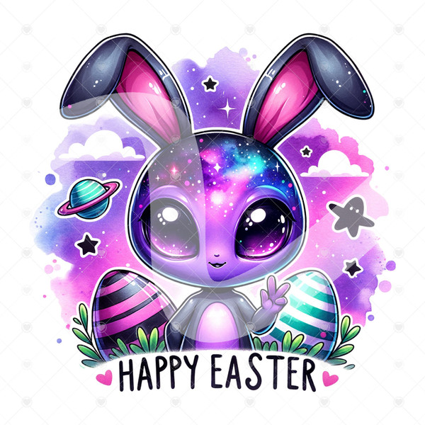 Happy Easter Alien PNG, Retro Alien Clipart, Alien Easter Bunny Png, Galaxy Png, Tshirt Sublimation Design, Cute Easter Alien Shirt Png.jpg