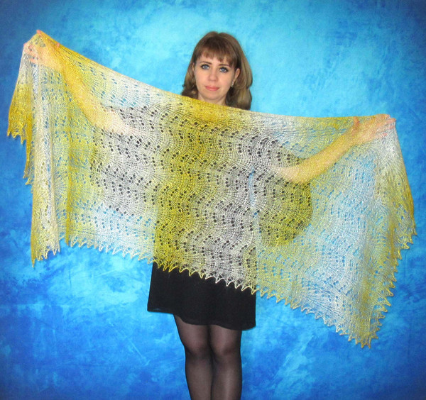 Hand knit yellow downy scarf, Handmade Russian Orenburg shawl, Goat wool cover up, Lace pashmina, Kerchief, Stole, Tippet, Warm wrap, Cape, Gift for a woman.JPG