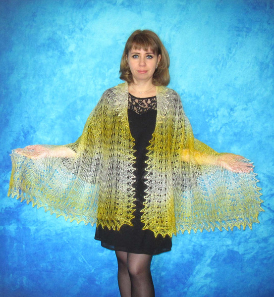 Hand knit yellow downy scarf, Handmade Russian Orenburg shawl, Goat wool cover up, Lace pashmina, Kerchief, Stole, Tippet, Warm wrap, Cape, Gift for a woman 2.J