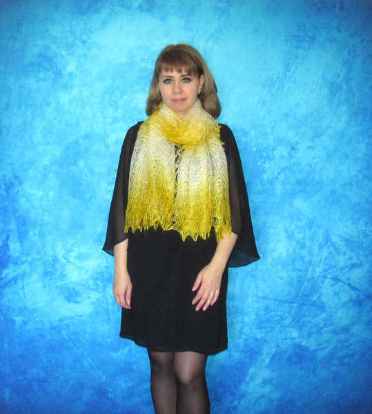 Hand knit yellow downy scarf, Handmade Russian Orenburg shawl, Goat wool cover up, Lace pashmina, Kerchief, Stole, Tippet, Warm wrap, Cape, Gift for a woman 5.J