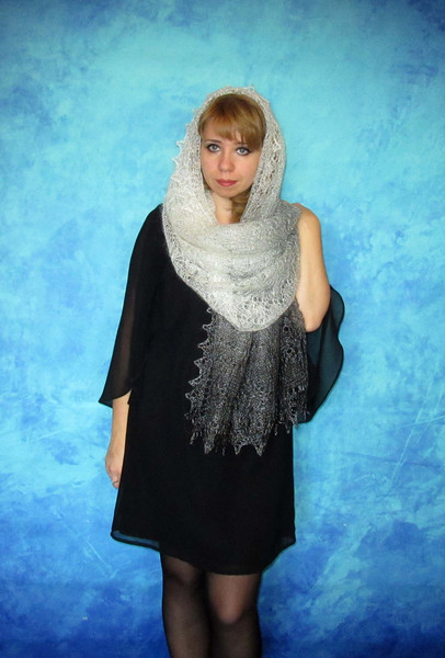 Hand knit warm gray scarf, Russian Orenburg shawl, Wool wrap, Goat down stole, Lace pashmina, Cover up, Kerchief, Cape 5.JPG