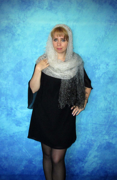 Hand knit gray downy scarf, Handmade Russian Orenburg shawl, Goat wool cover up, Lace pashmina, Kerchief, Stole, Tippet, Warm wrap, Cape,Gift for a mom 6.JPG