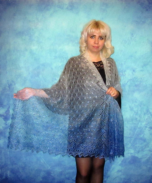 Hand knit blue scarf, Warm Russian Orenburg shawl, Wool wrap, Goat down stole, Lace cover up, Kerchief, Pashmina, Bridal Cape 2.JPG
