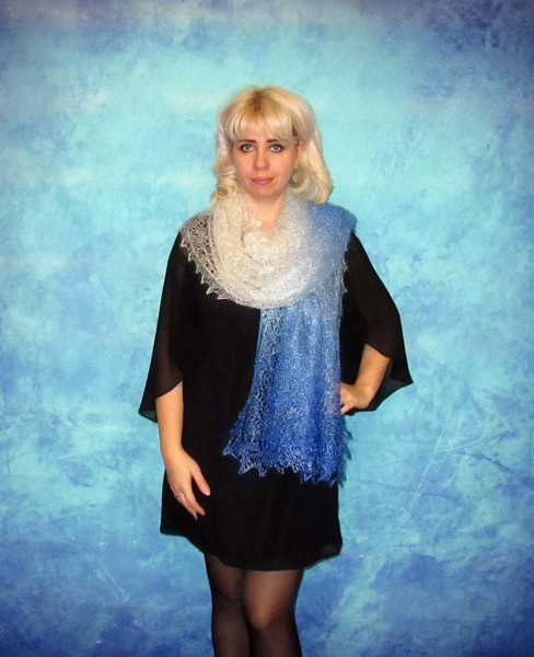 Hand knit blue scarf, Warm Russian Orenburg shawl, Wool wrap, Goat down stole, Lace cover up, Kerchief, Pashmina, Bridal Cape 4.JPG