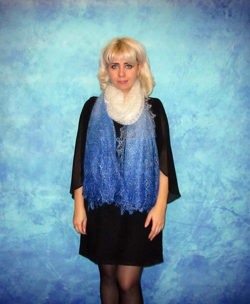 Hand knit blue scarf, Warm Russian Orenburg shawl, Wool wrap, Goat down stole, Lace cover up, Kerchief, Pashmina, Bridal Cape 5.JPG