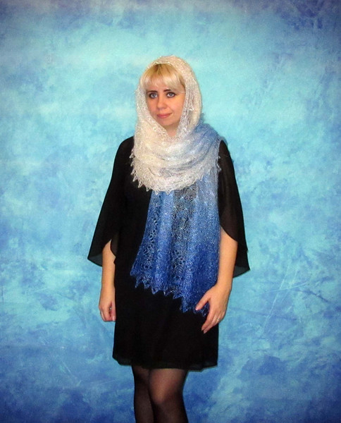Hand knit blue scarf, Warm Russian Orenburg shawl, Wool wrap, Goat down stole, Lace cover up, Kerchief, Pashmina, Bridal Cape 6.JPG