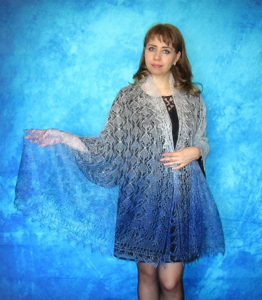 Blue hand knit scarf, Warm Russian Orenburg shawl, Wool wrap, Goat down stole, Bridal cover up, Kerchief, Pashmina, Cape 2.JPG