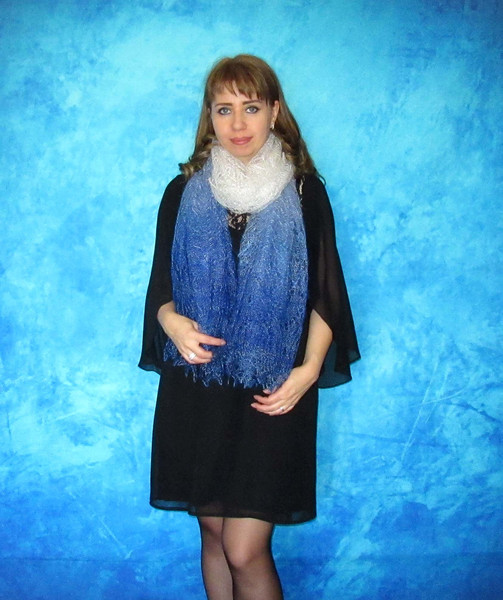 Blue hand knit scarf, Warm Russian Orenburg shawl, Wool wrap, Goat down stole, Bridal cover up, Kerchief, Pashmina, Cape 5.JPG