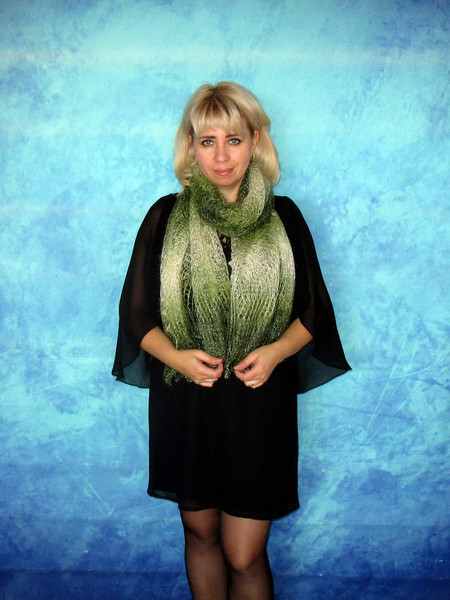Hand knit green scarf, Warm Russian Orenburg shawl, Wool wrap, Goat down stole, Cover up, Kerchief, Headscarf, Cape 5.JPG