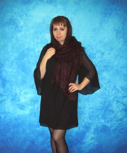 Hand knit dark burgundy scarf, Handmade Russian Orenburg shawl, Goat wool wrap, Warm bridal cover up, Lace pashmina, Kerchief, Stole, Cape 6.JPG