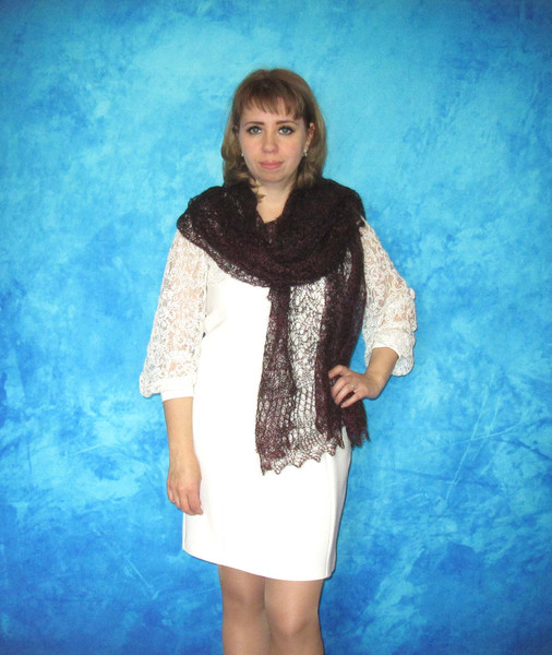 Hand knit dark burgundy scarf, Handmade Russian Orenburg shawl, Goat wool wrap, Warm bridal cover up, Lace pashmina, Kerchief, Stole, Cape 10.JPG