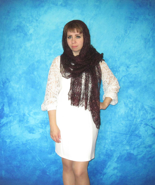 Hand knit dark burgundy scarf, Handmade Russian Orenburg shawl, Goat wool wrap, Warm bridal cover up, Lace pashmina, Kerchief, Stole, Cape 12.JPG