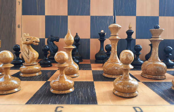 old wooden soviet chess pieces