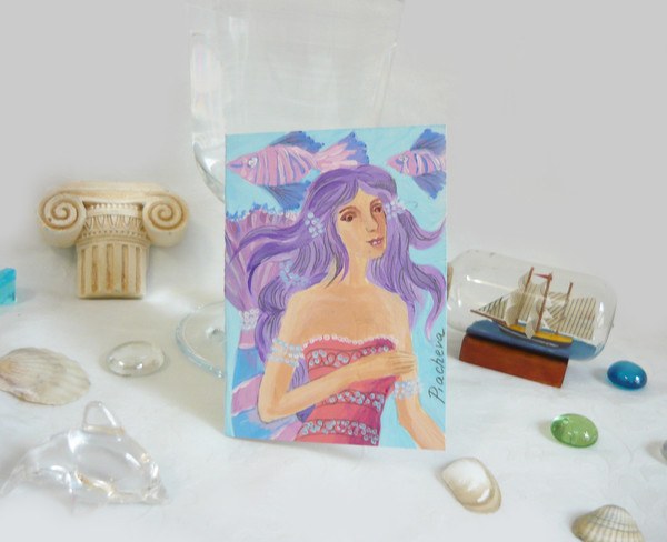 Miniature Mermaid Watercolor ACEO, a Girl in the Waves in Water 01.JPG