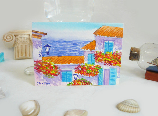 Miniature South Street with Trees, Landscape near the sea, ACEO, Watercolor01.JPG
