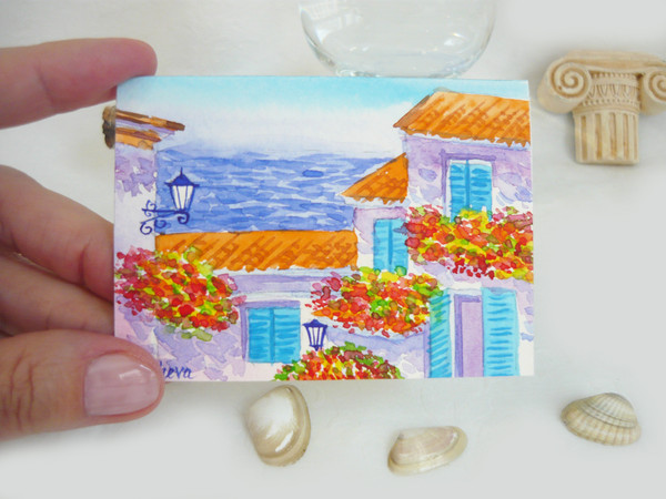 Miniature South Street with Trees, Landscape near the sea, ACEO, Watercolor06.JPG