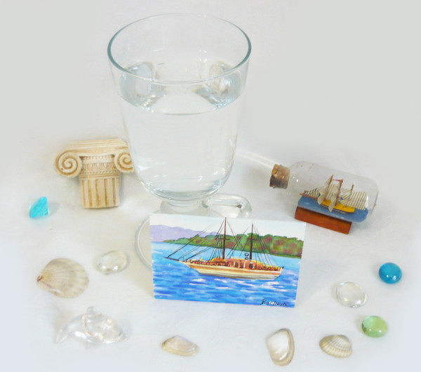 Miniature, boat on waves, watercolor painting, water, waves, ACEO 02.JPG