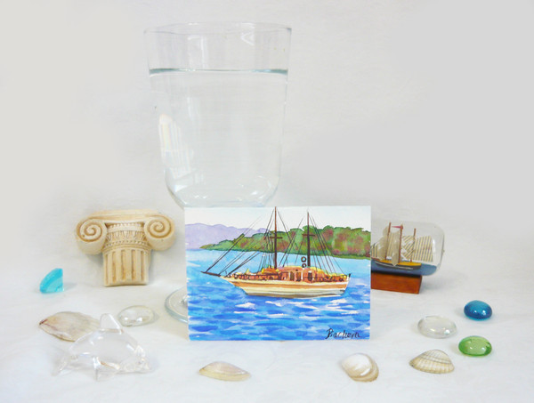Miniature, boat on waves, watercolor painting, water, waves, ACEO 03.JPG