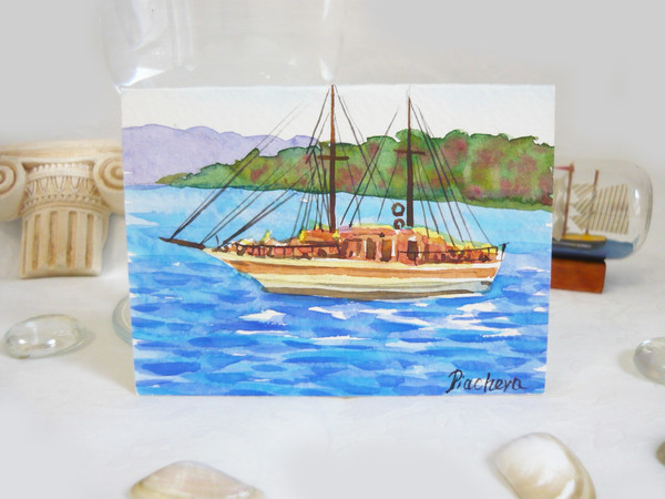 Miniature, boat on waves, watercolor painting, water, waves, ACEO 05.JPG