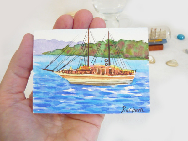 Miniature, boat on waves, watercolor painting, water, waves, ACEO 07.JPG