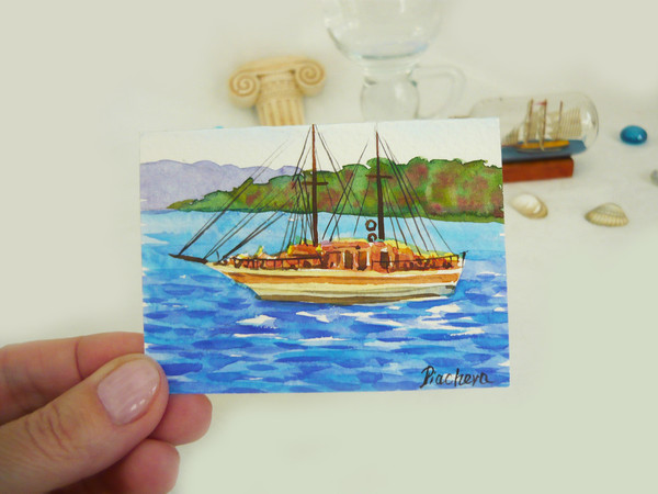 Miniature, boat on waves, watercolor painting, water, waves, ACEO 08.JPG