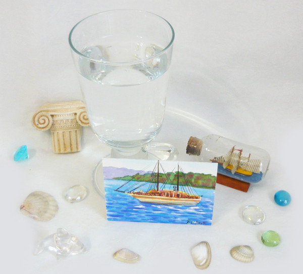 Miniature, boat on waves, watercolor painting, water, waves, ACEO 01.JPG