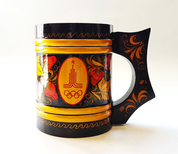 5 Vintage USSR Hand Painted Russian KHOKHLOMA Wooden Mug devoted Olympic Games Moscow 1980.jpg