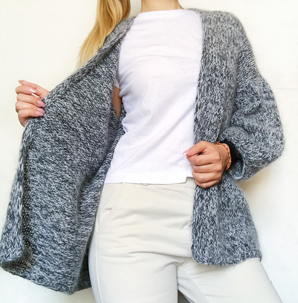 Mohair-cardigan-with-baloon-sleeves-Elegant-women-sweater. Grey fluffy sweater-Oversized-wool-cardigan-Boho-cardigan.jpg
