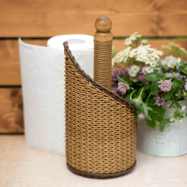 Standing paper towel holder Brown wicker kitchen roll holder