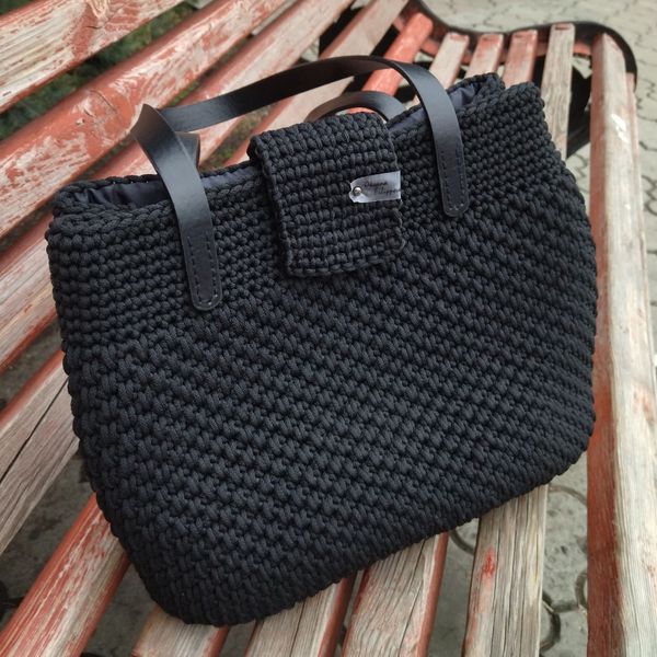 Black polyester cord shopping bag, big bag, black bag,croche - Inspire ...