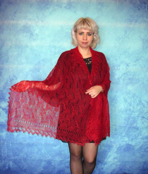 Red embroidered scarf, Lace Russian Orenburg shawl, Hand knit wool wrap, Warm bridal cape, Goat down cover up, Handmade stole, Kerchief, Gift for a woman 3.JPG