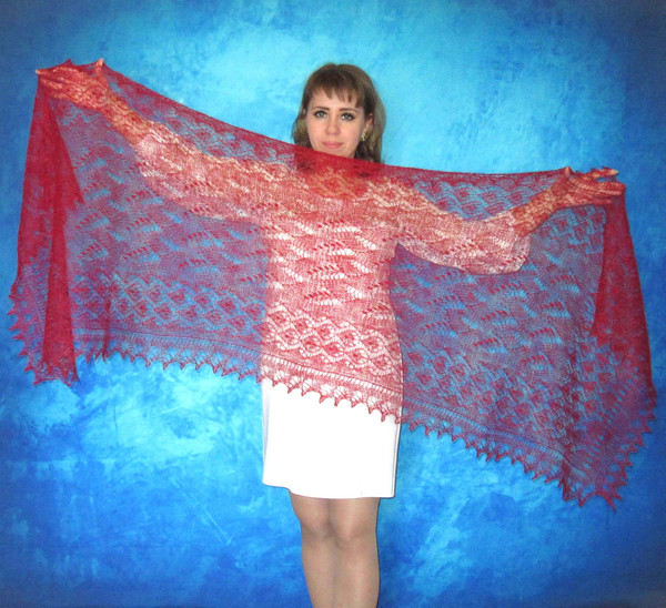 Red embroidered scarf, Russian Orenburg shawl, Knitted cover up, Wool wrap, Wedding stole, Warm bridal cape, Kerchief, Pashmina.JPG