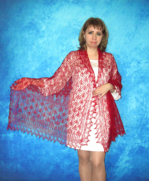 Red embroidered scarf, Russian Orenburg shawl, Knitted cover up, Wool wrap, Wedding stole, Warm bridal cape, Kerchief, Pashmina 3.JPG