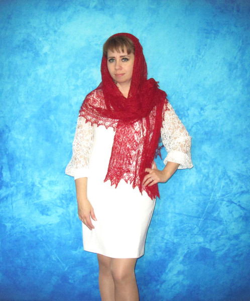 Red embroidered scarf, Russian Orenburg shawl, Knitted cover up, Wool wrap, Wedding stole, Warm bridal cape, Kerchief, Pashmina 6.JPG