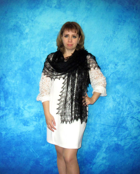 Hand knit black embroidered scarf, Handmade Russian Orenburg shawl, Goat fluff cover up, Lace pashmina, Kerchief, Stole, Warm wool wrap, Cape, Gift for a woman
