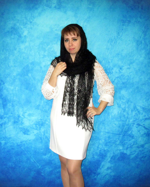 Hand knit black embroidered scarf, Handmade Russian Orenburg shawl, Goat fluff cover up, Lace pashmina, Kerchief, Stole, Warm wool wrap, Cape, Gift for a woman