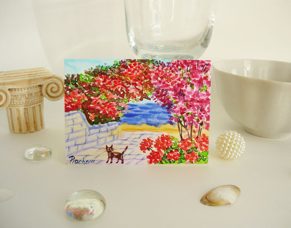 South Landscape with Cat near the Sea ACEO, Watercolor 01.JPG