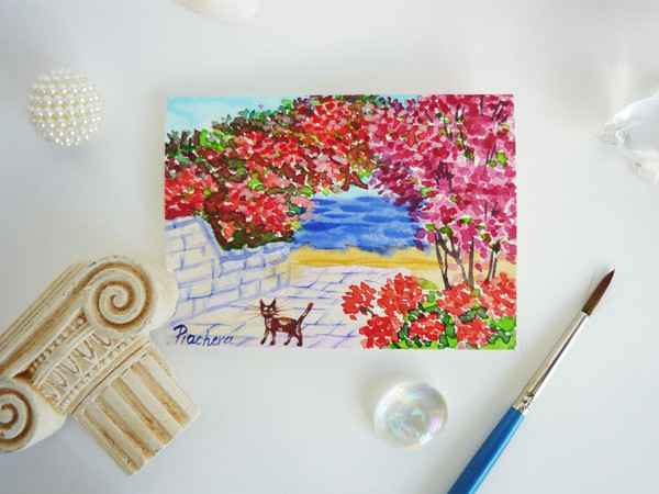 South Landscape with Cat near the Sea ACEO, Watercolor 05.JPG