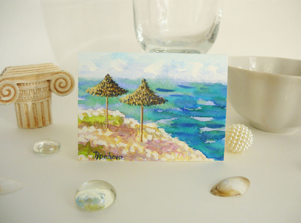 South Landscape with Umbrellas and Sea ACEO, Watercolor 01.JPG