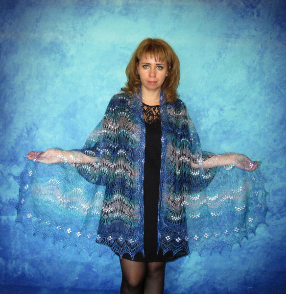Bright hand knit embroidered scarf, Handmade Russian Orenburg shawl, Goat down cover up, Lace pashmina, Kerchief, Blue bridal stole, Warm wool wrap, Cape, Gift