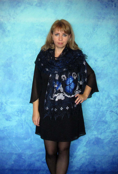 Dark navy blue embroidered scarf, Russian Orenburg shawl, Hand knit wool wrap, Warm bridal cape, Goat down cover up, Handmade stole, Kerchief, Gift for a woman