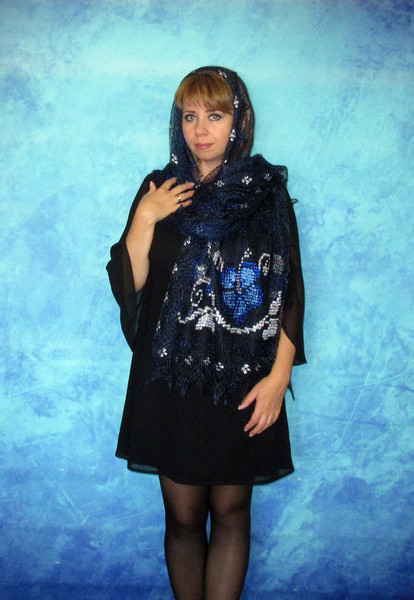 Dark navy blue embroidered scarf, Russian Orenburg shawl, Hand knit wool wrap, Warm bridal cape, Goat down cover up, Handmade stole, Kerchief, Gift for a woman