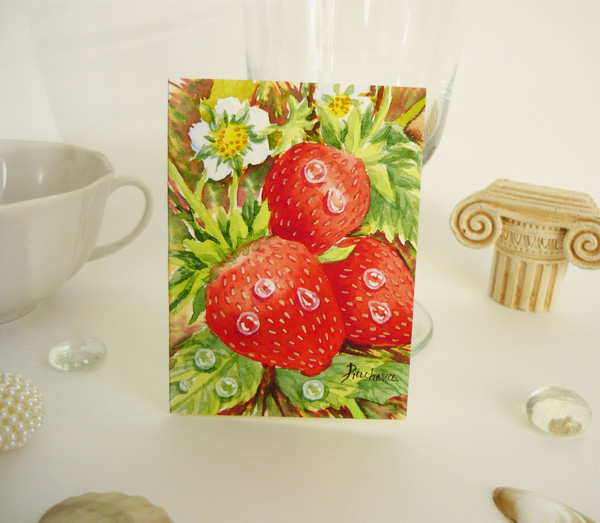 Strawberries in the garden with drops of dew ACEO, Watercolor 01.JPG