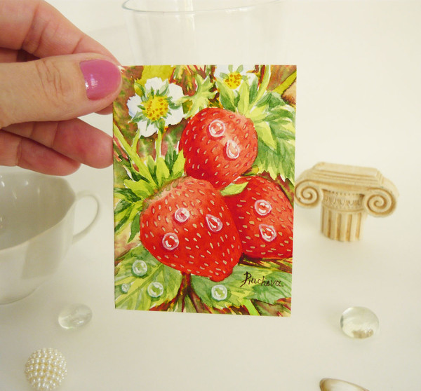 Strawberries in the garden with drops of dew ACEO, Watercolor 04.JPG
