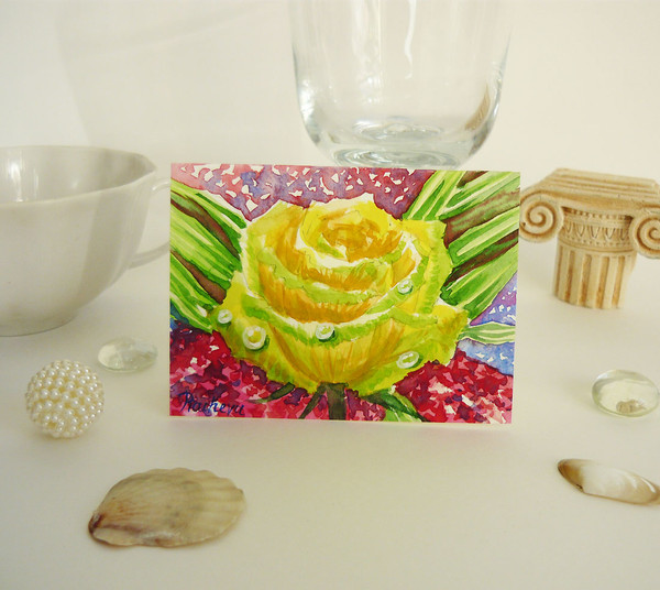 Yellow Rose Flower with Drops of Dew, ACEO, Watercolor 01.JPG