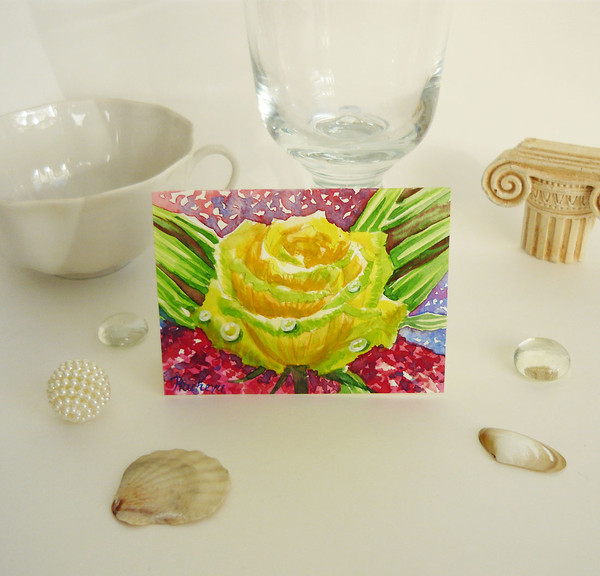 Yellow Rose Flower with Drops of Dew, ACEO, Watercolor 02.JPG