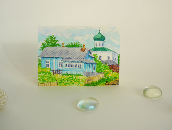 Russian Village Landscape with House and Church, ACEO, Watercolor 02.JPG